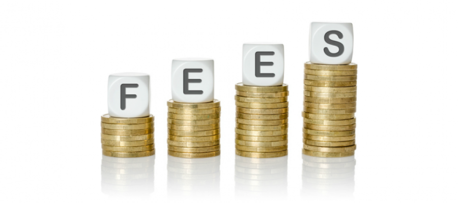 word art illustrating the word Fees by showing lettered dice on the top of piles of coins