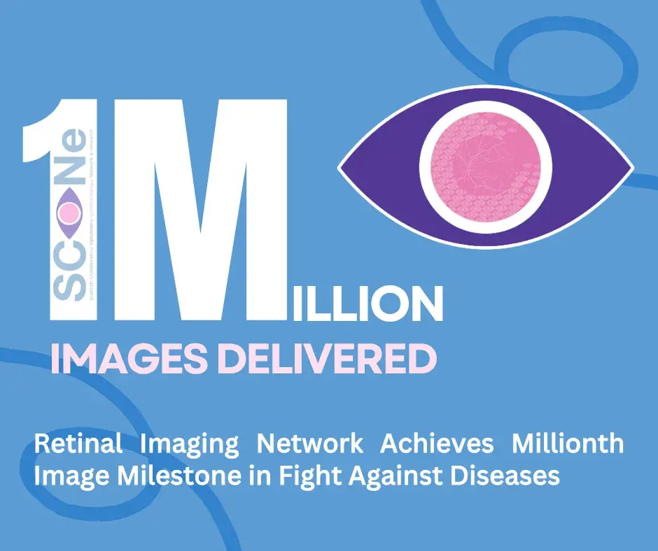 A blue background with white text reading “1 Million Images Delivered”. The SCONe logo is inside the number 1. To the right, there is a purple eye shape with a pink retina illustration inside. Below, the caption says: “Retinal Imaging Network Achieves Millionth Image Milestone in Fight Against Diseases.”