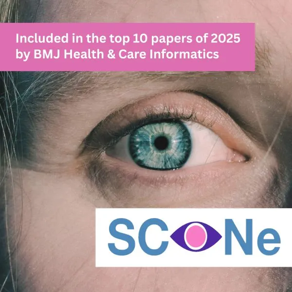 Image of a person's eye with the text "Included in the top ten papers for 2025 by BMJ Health and Care Informatics"