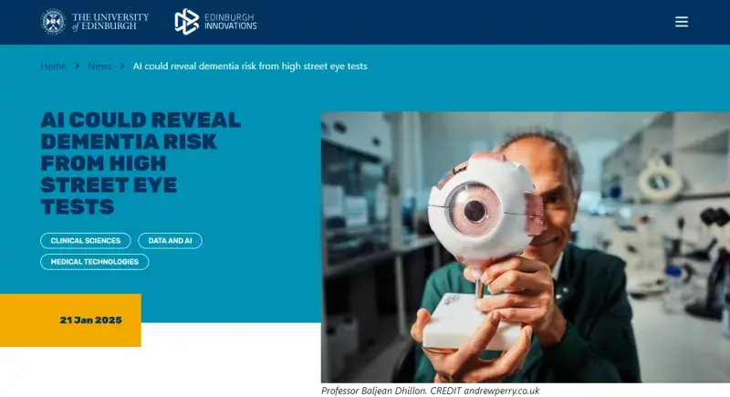 A website screenshot showing an article titled 'AI could reveal dementia risk from hight street eye tests' 21 Jan 2025. To the right side there is an image of a man holding a model eye in front of him.