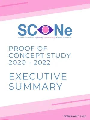 A portrait image with pink and white background. Starting a third of the way down the page is the SCONe text logo followed by the words 'Proof of Concept Study 2020-2022 Executive Summary'. At the bottom right corner in smaller text is the date February 2023.