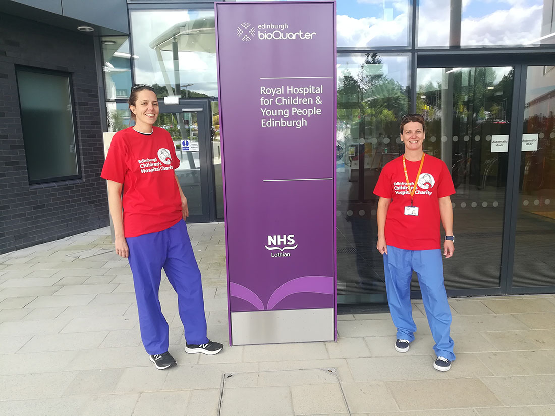 Edinburgh Imaging RIE radiographers, Lucy (left) & Maddy (right), outside the Royal Hospital for Children & Young People Edinburgh.